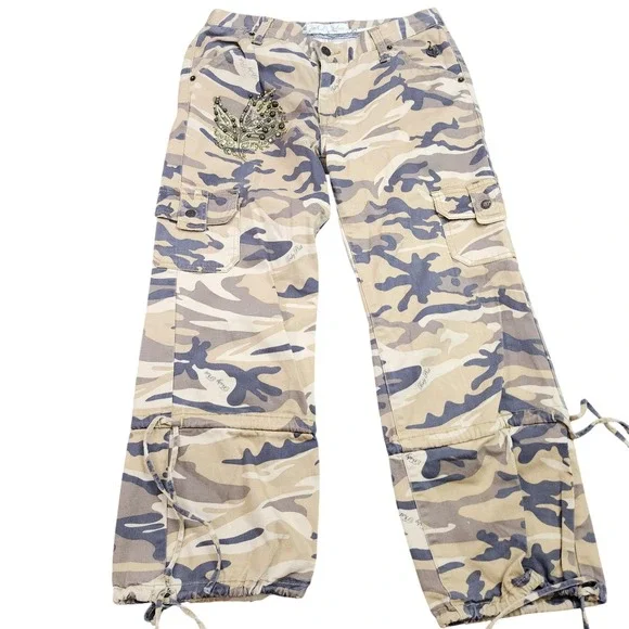 Baby Phat Pants Juniors 9 Beige Camo Cargo Straight Leg Beaded Embroidered - Picture 1 of 12